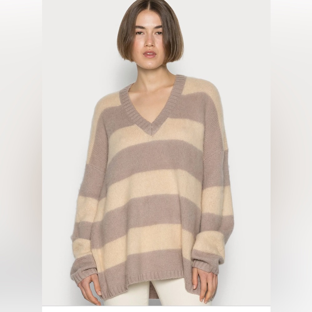 All Saints Oversized V-Neck Striped Sweater in Beige and Cream